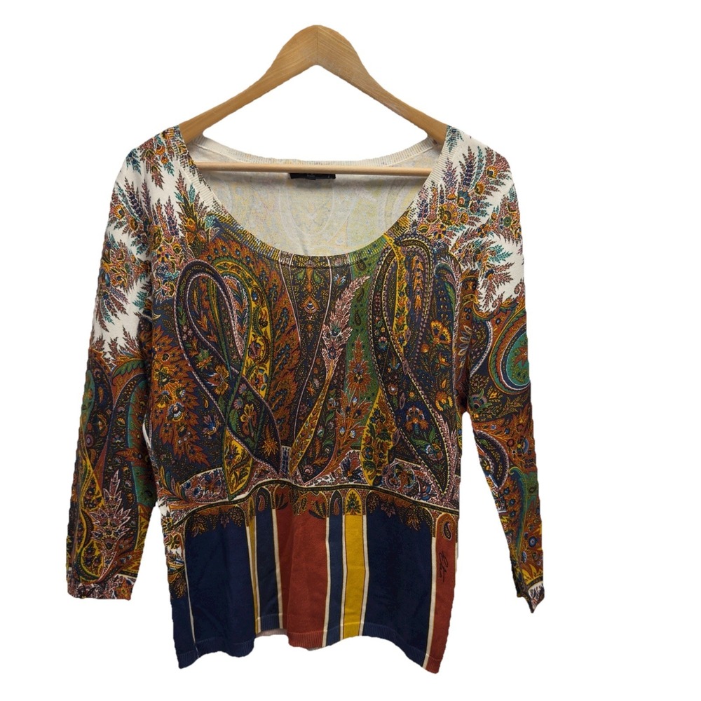 Etro Women's Sz 48 Multicolor Silk Floral Paisley Scoopy Neck 3/4 Sleeve Top euc